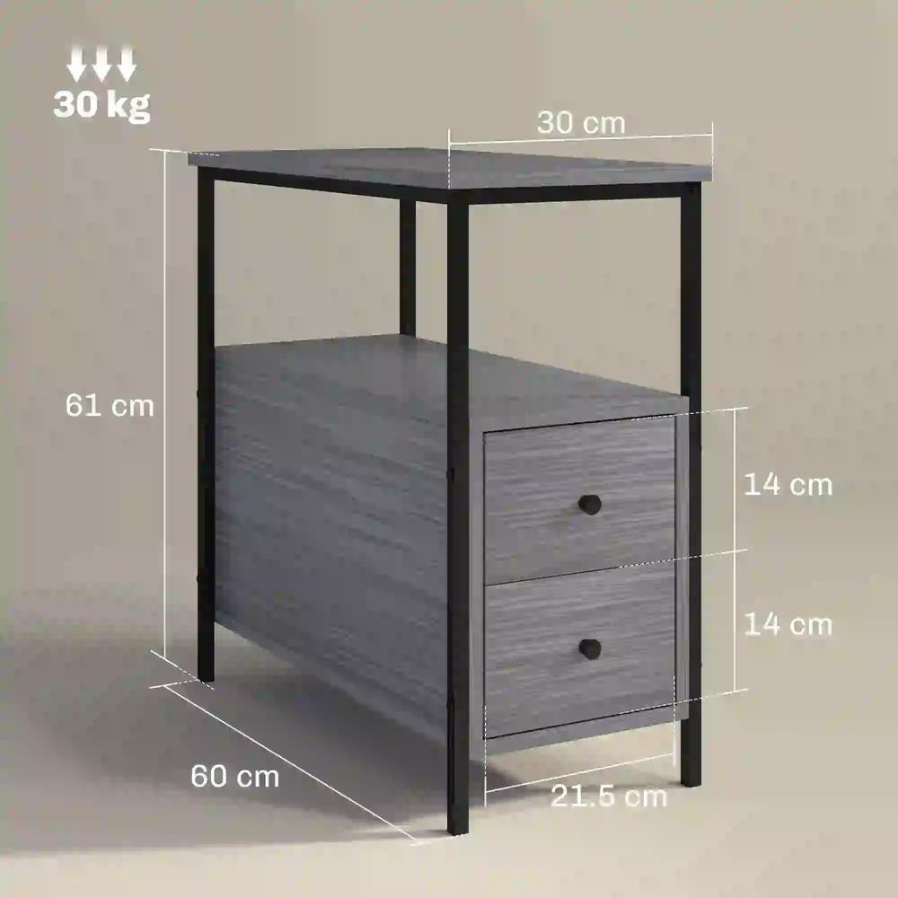 HOMCOM Side Table, Narrow Bedside Table with 2 Drawers and Storage Shelf, Industrial End Table with Metal Frame for Small Spaces Additional View 13