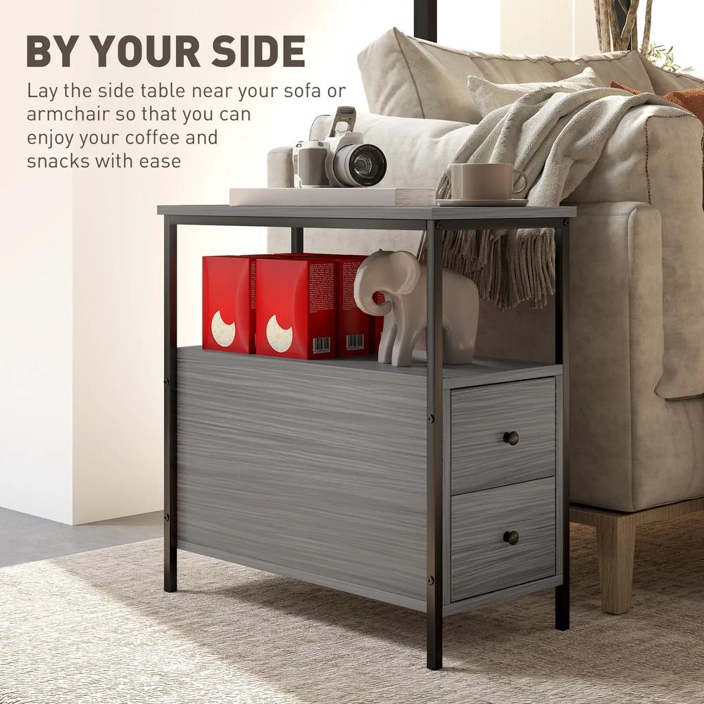 HOMCOM Side Table, Narrow Bedside Table with 2 Drawers and Storage Shelf, Industrial End Table with Metal Frame for Small Spaces Additional View 14