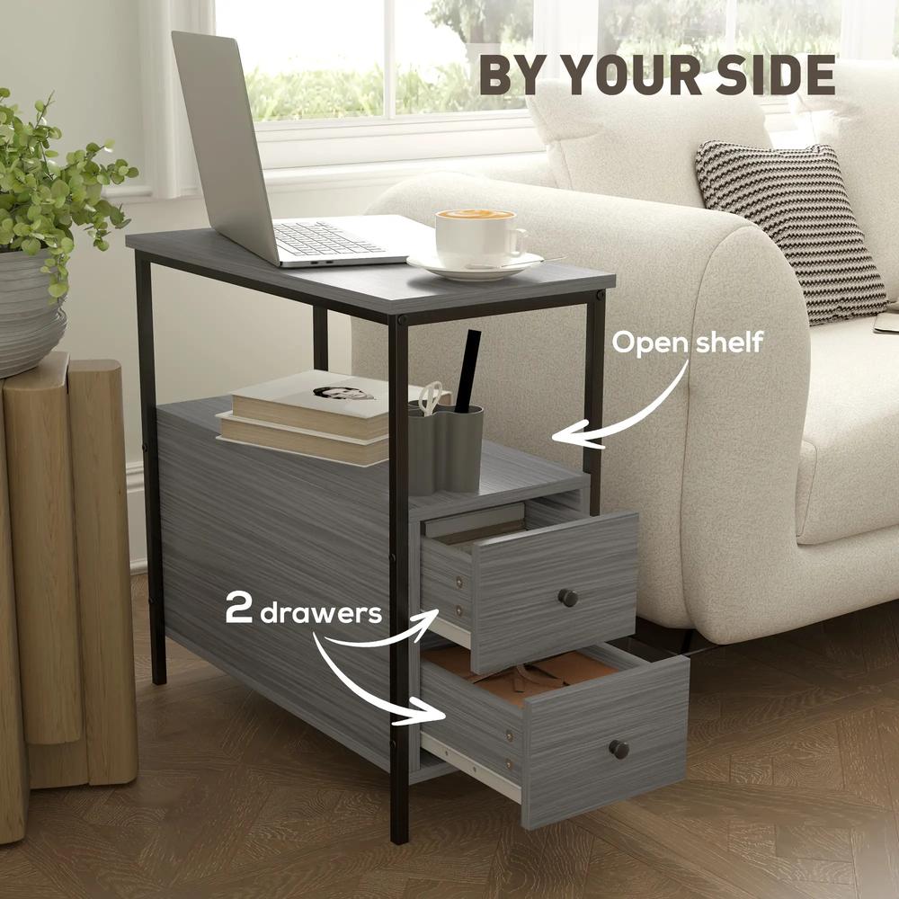 HOMCOM Side Table, Narrow Bedside Table with 2 Drawers and Storage Shelf, Industrial End Table with Metal Frame for Small Spaces Additional View 15