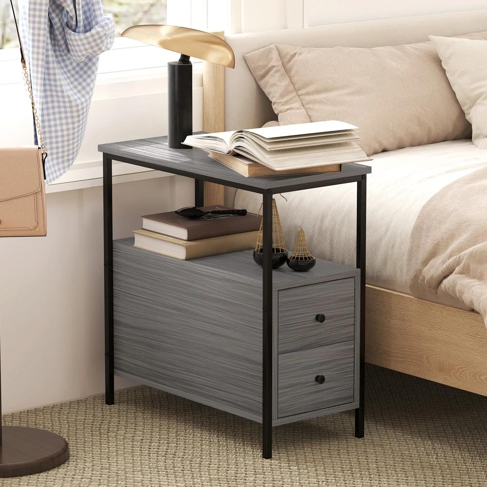 HOMCOM Side Table, Narrow Bedside Table with 2 Drawers and Storage Shelf, Industrial End Table with Metal Frame for Small Spaces Additional View 17