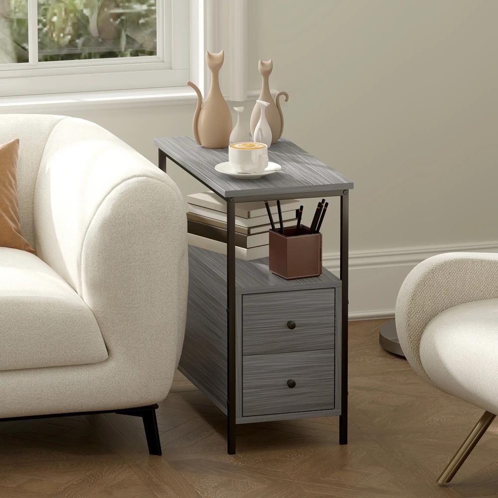 HOMCOM Side Table, Narrow Bedside Table with 2 Drawers and Storage Shelf, Industrial End Table with Metal Frame for Small Spaces Additional View 20