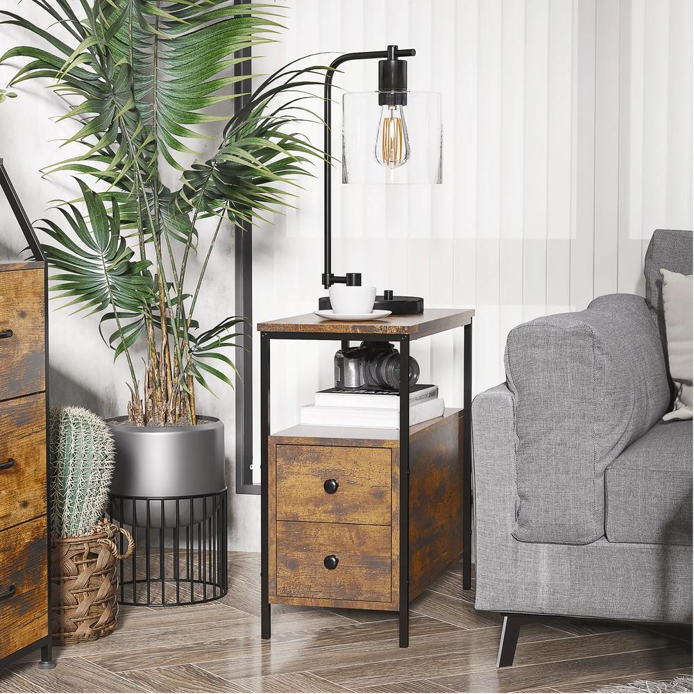 HOMCOM Side Table, Narrow Bedside Table with 2 Drawers and Storage Shelf, Industrial End Table with Metal Frame for Small Spaces Additional View 2