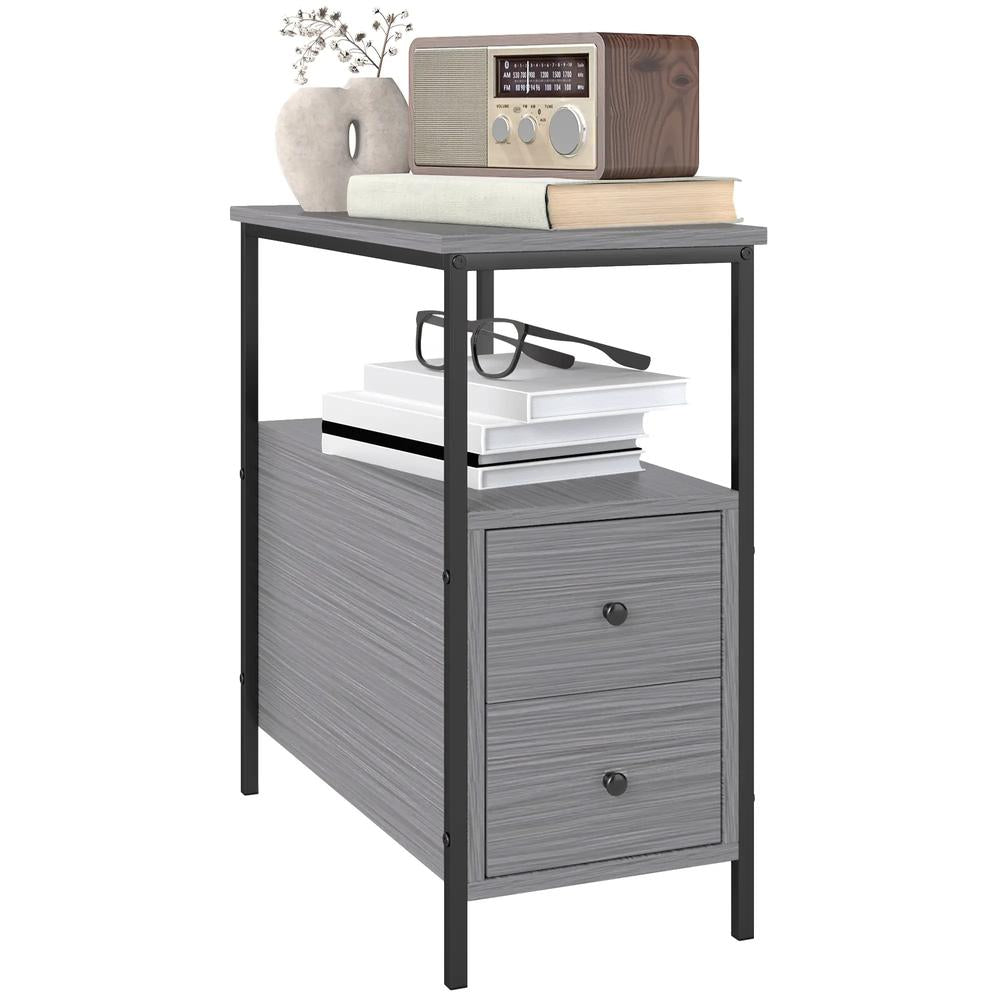 HOMCOM Side Table, Narrow Bedside Table with 2 Drawers and Storage Shelf, Industrial End Table with Metal Frame for Small Spaces Additional View 21