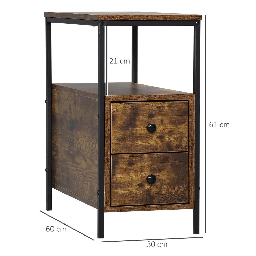 HOMCOM Side Table, Narrow Bedside Table with 2 Drawers and Storage Shelf, Industrial End Table with Metal Frame for Small Spaces Additional View 3