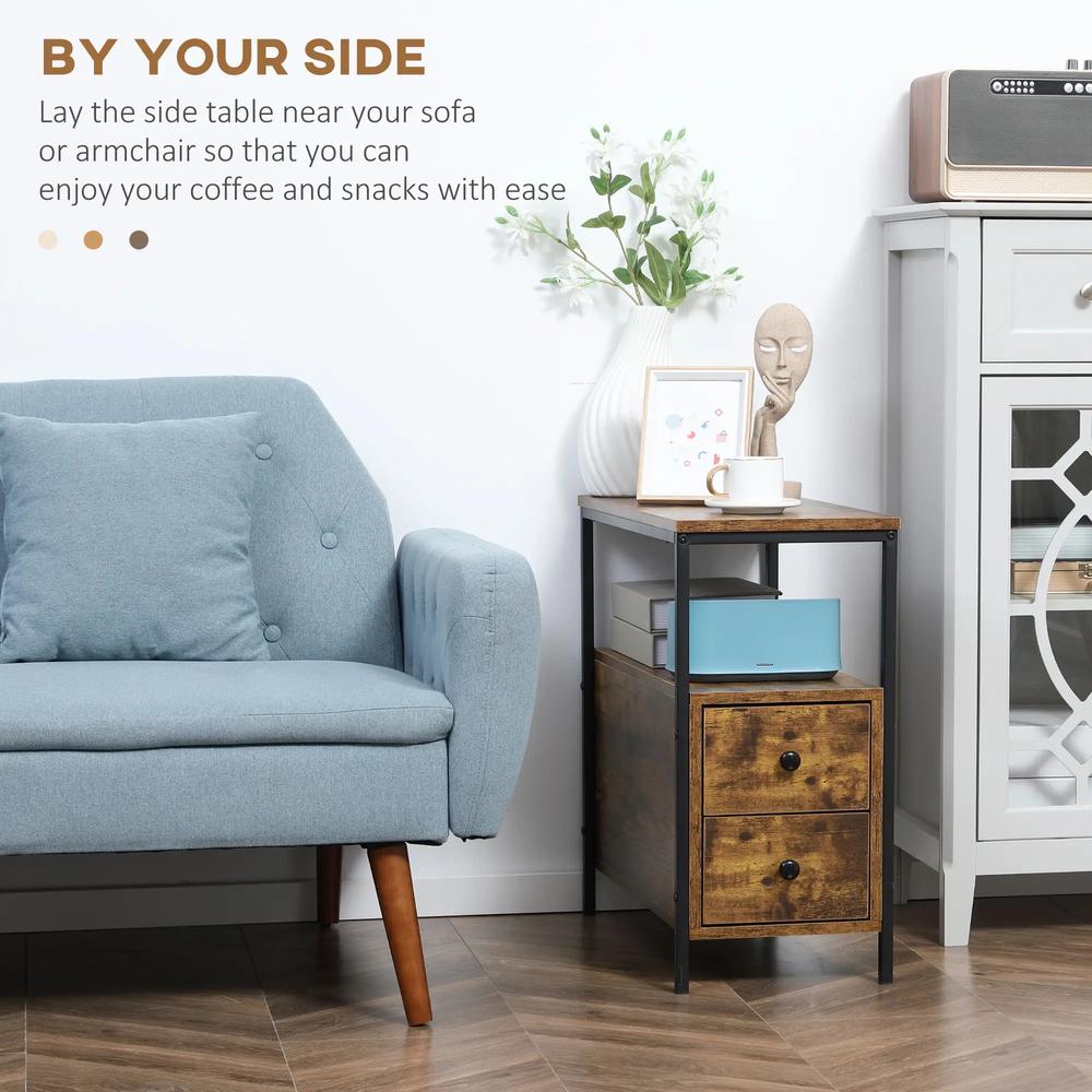 HOMCOM Side Table, Narrow Bedside Table with 2 Drawers and Storage Shelf, Industrial End Table with Metal Frame for Small Spaces Additional View 4
