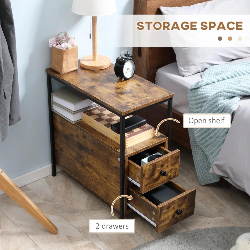 HOMCOM Side Table, Narrow Bedside Table with 2 Drawers and Storage Shelf, Industrial End Table with Metal Frame for Small Spaces Additional View 5