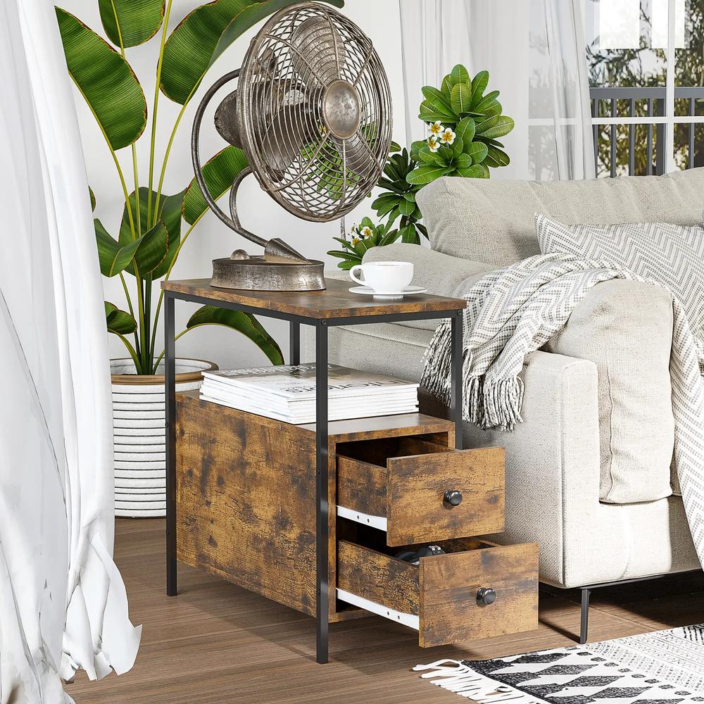 HOMCOM Side Table, Narrow Bedside Table with 2 Drawers and Storage Shelf, Industrial End Table with Metal Frame for Small Spaces Additional View 7