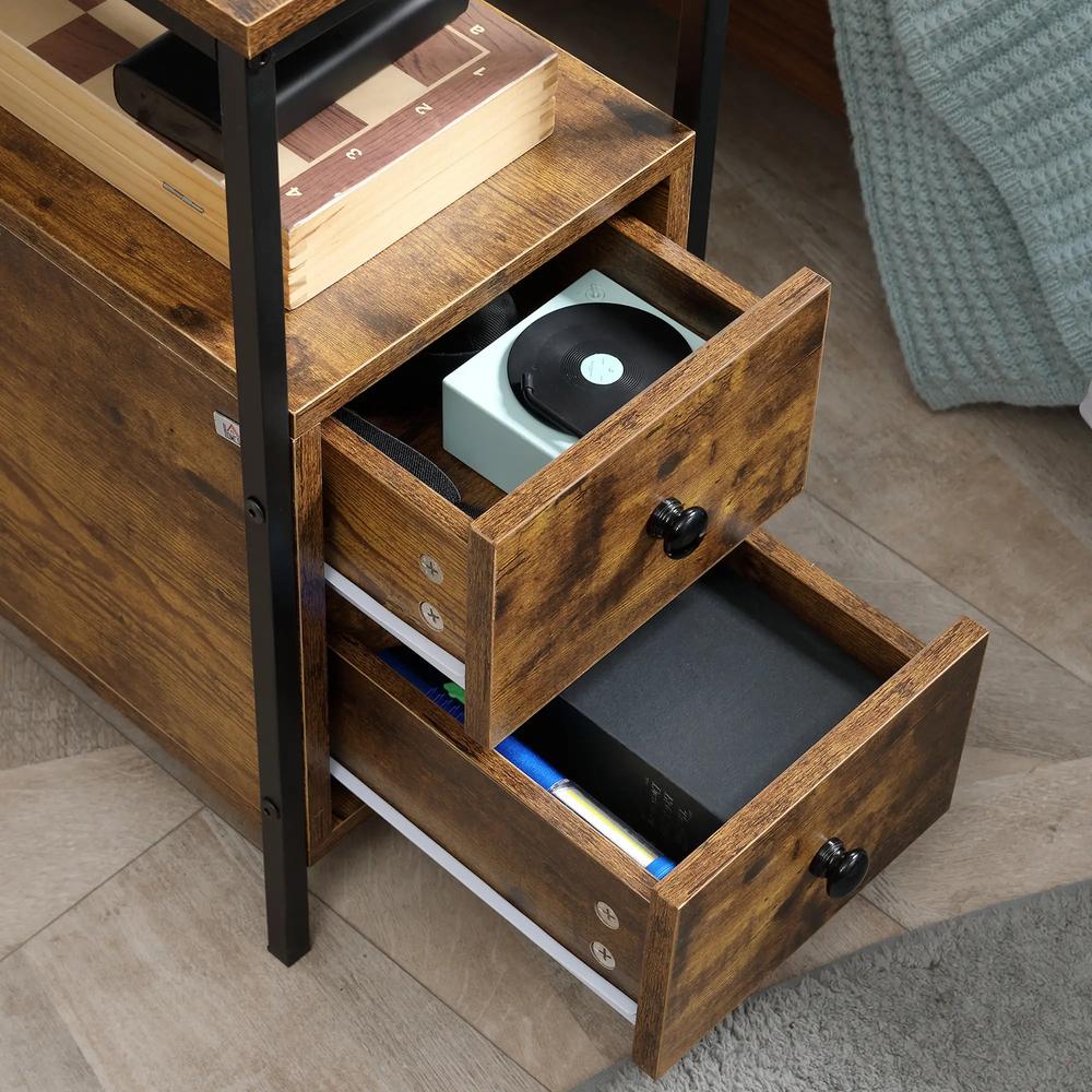 HOMCOM Side Table, Narrow Bedside Table with 2 Drawers and Storage Shelf, Industrial End Table with Metal Frame for Small Spaces Additional View 8