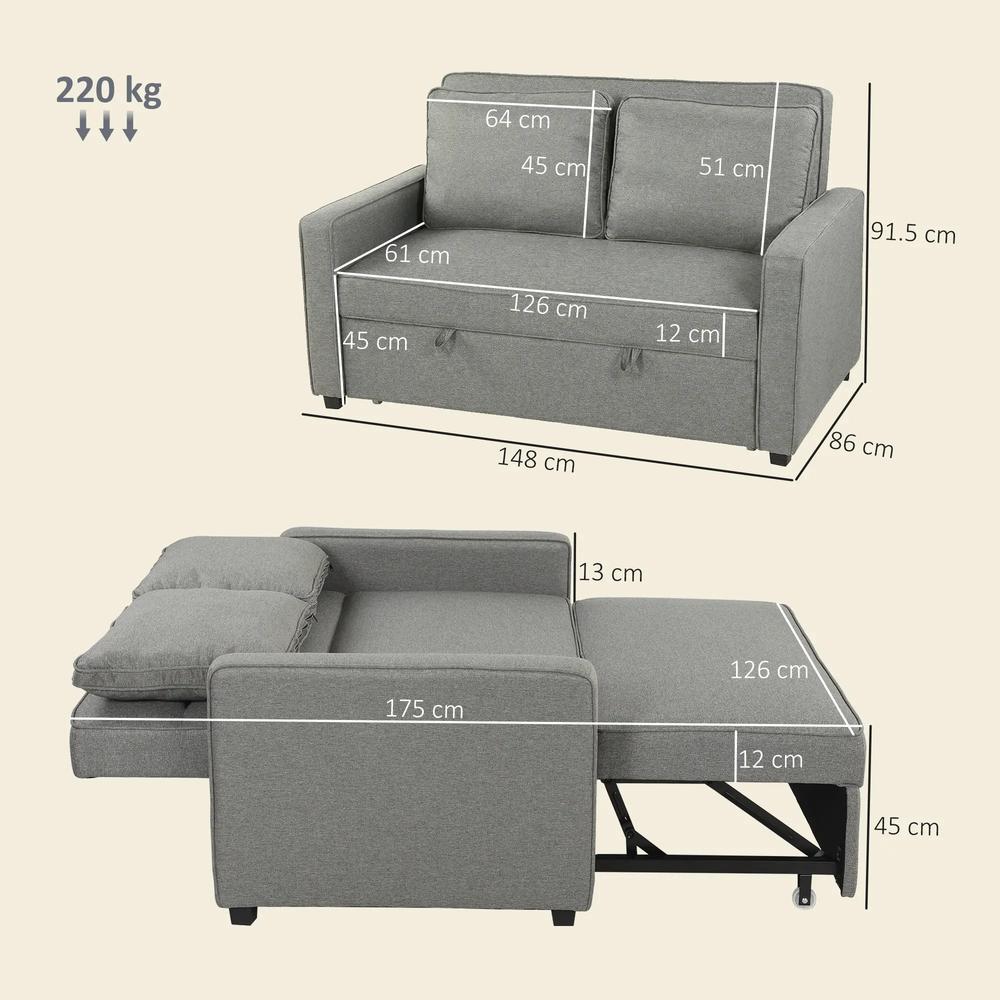 HOMCOM Double Sofa Bed Click Clack Sofa Bed Pull Out Bed with Adjustable Backrest for Living Room and Bedroom Grey Additional View 3