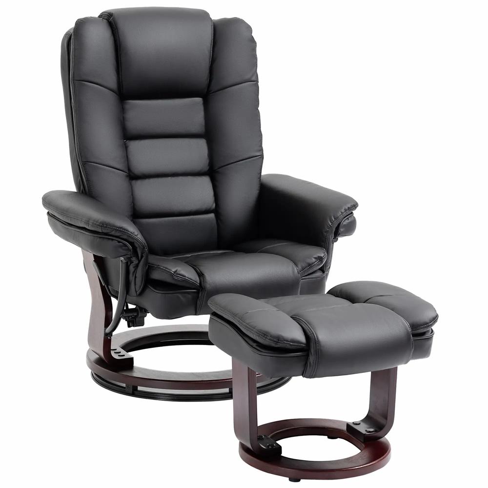 HOMCOM Recliner Chair With footstool, Recliner Armchair, 135&deg; Reclining Swivel Sofa Chair, PU Leather Ergonomic Couch Bed with Swivel Wood Base for Living Room