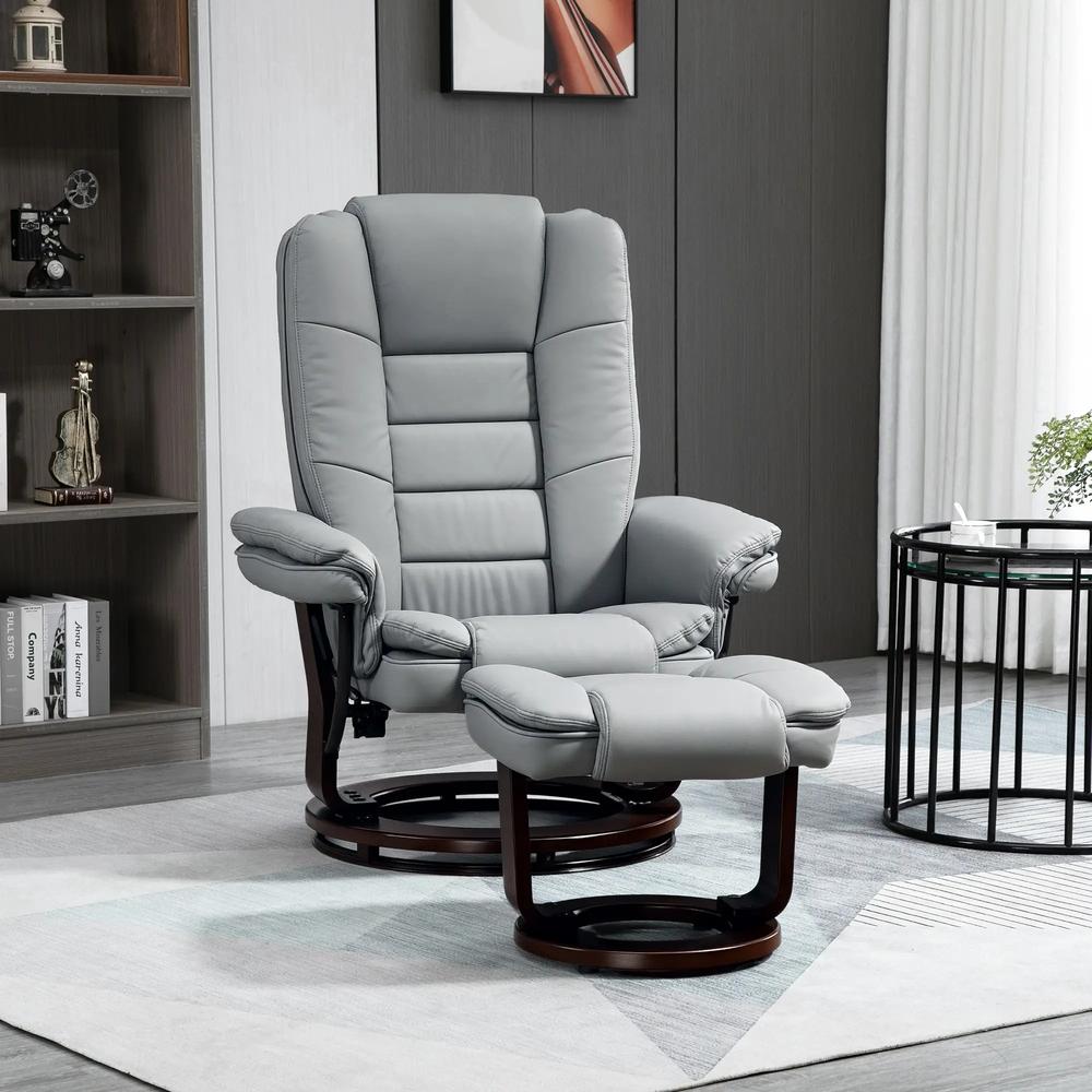 HOMCOM Manual Recliner and Footrest Set PU Leather Leisure Lounge Chair Armchair with Swivel Wood Base, Grey Additional View 2