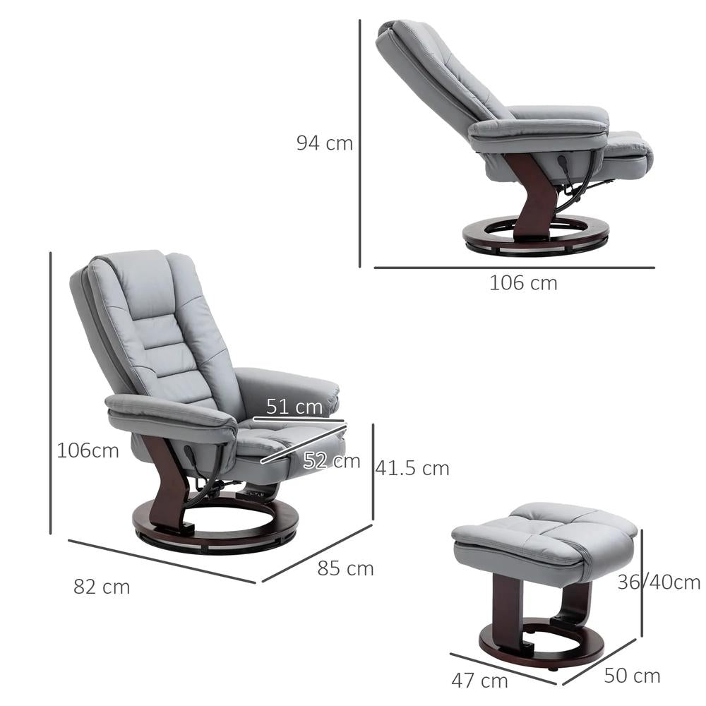 HOMCOM Manual Recliner and Footrest Set PU Leather Leisure Lounge Chair Armchair with Swivel Wood Base, Grey Additional View 3