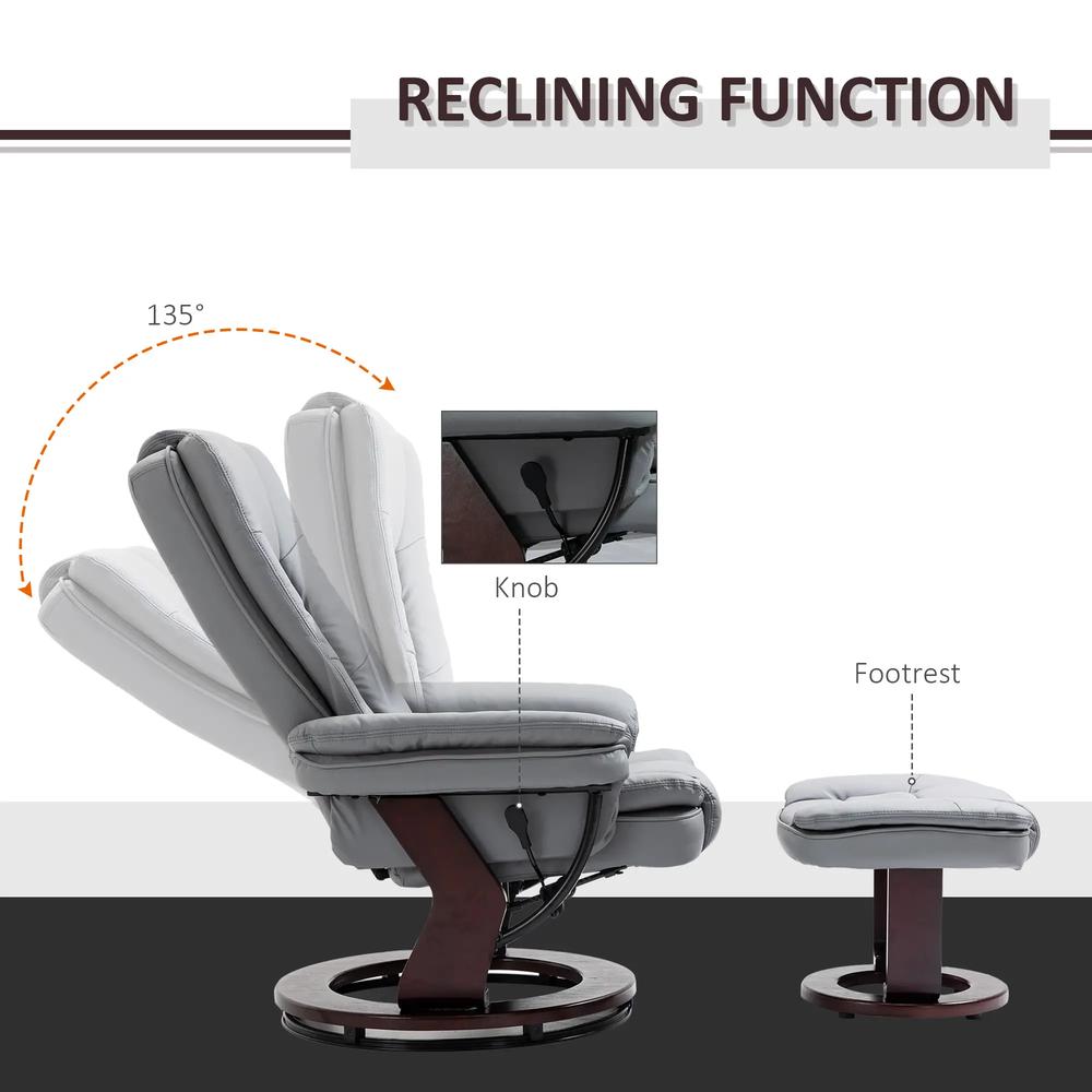 HOMCOM Manual Recliner and Footrest Set PU Leather Leisure Lounge Chair Armchair with Swivel Wood Base, Grey Additional View 4