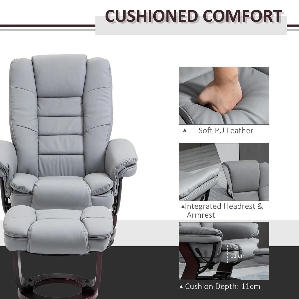 HOMCOM Manual Recliner and Footrest Set PU Leather Leisure Lounge Chair Armchair with Swivel Wood Base, Grey Additional View 6