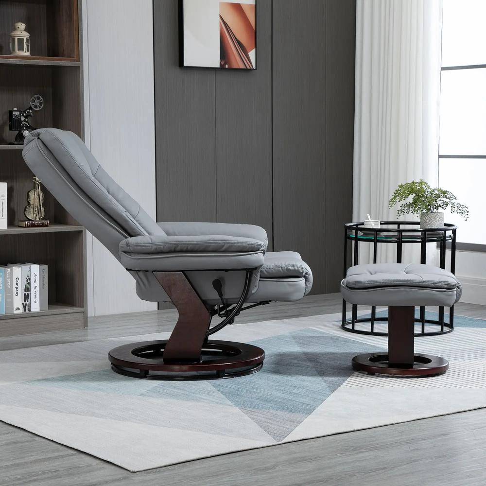 HOMCOM Manual Recliner and Footrest Set PU Leather Leisure Lounge Chair Armchair with Swivel Wood Base, Grey Additional View 7