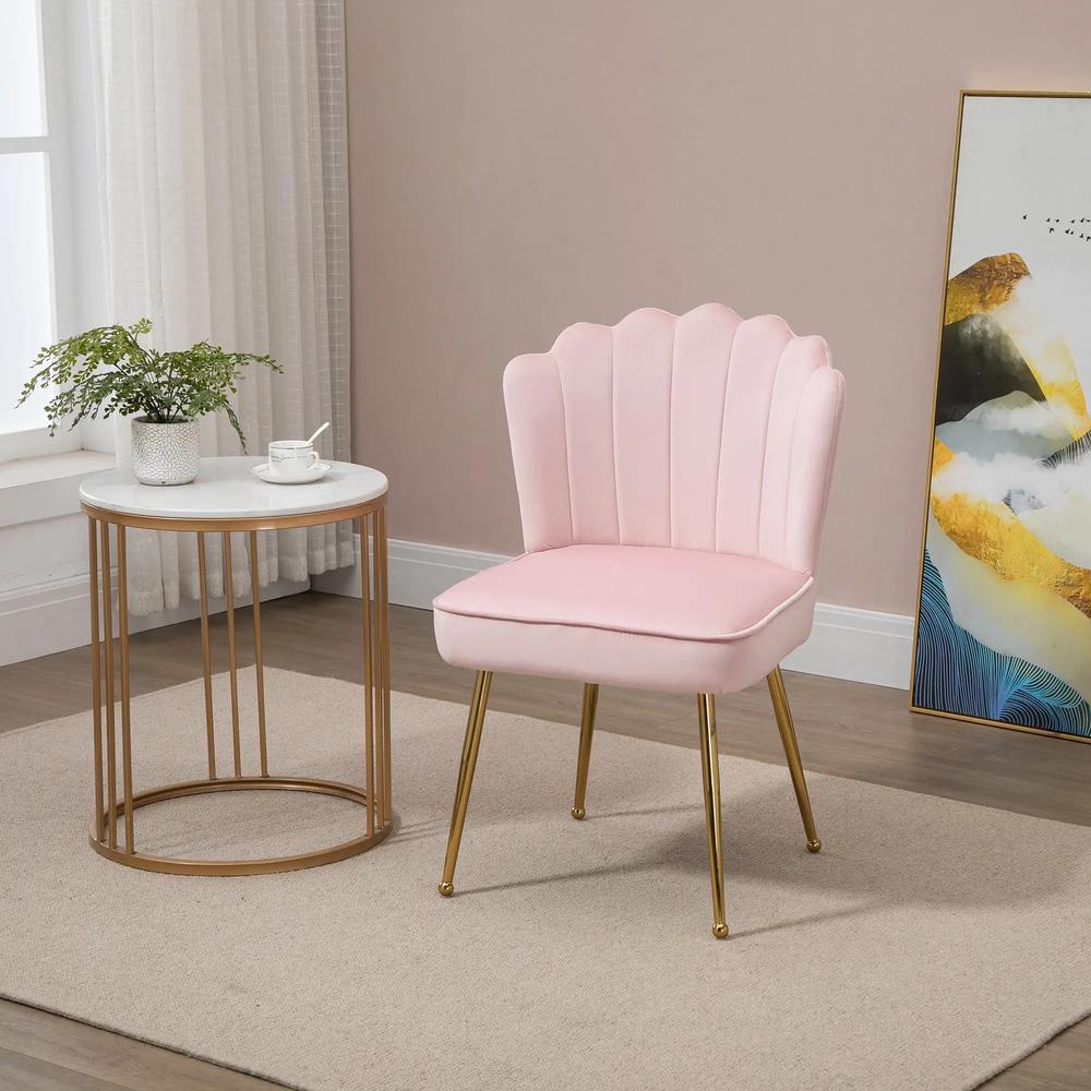 HOMCOM Velvet-Feel Shell Accent Chair with Metal Legs and Comfort Padding - Pink Additional View 2