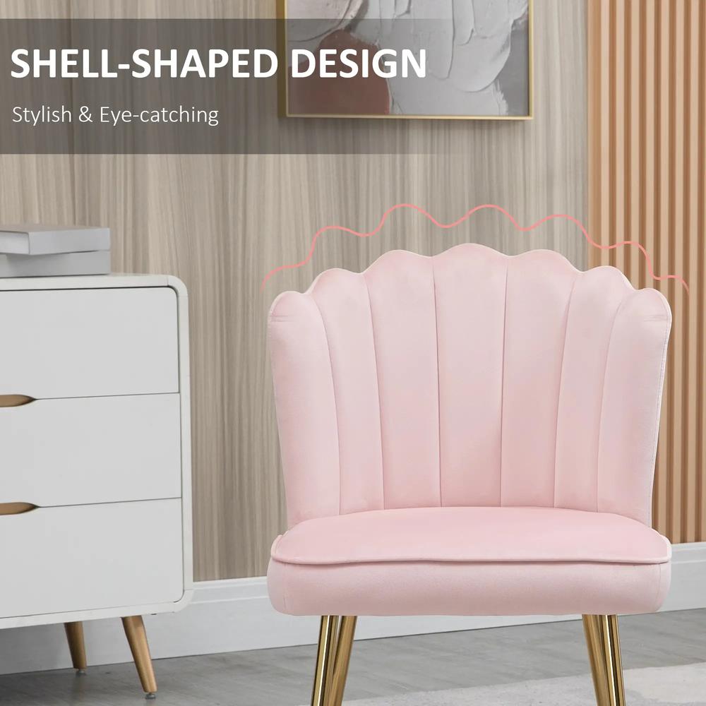 HOMCOM Velvet-Feel Shell Accent Chair with Metal Legs and Comfort Padding - Pink Additional View 5
