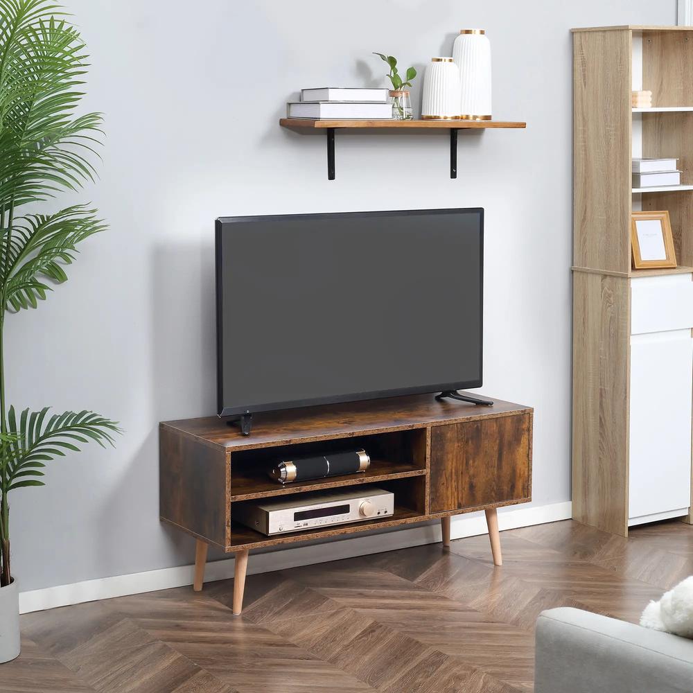 HOMCOM TV Stand Cabinet up to 55 Inches, TV Unit with Single Door and Open Shelves, Cable Holes for Living Room, Bedroom, Brown Additional View 2
