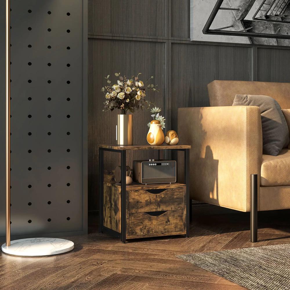 HOMCOM Industrial Side Table with Drawer, Sofa Table, Bedside Cabinet with Storage Shelf, Slim Nightstand for Living Room, Bedroom Additional View 2