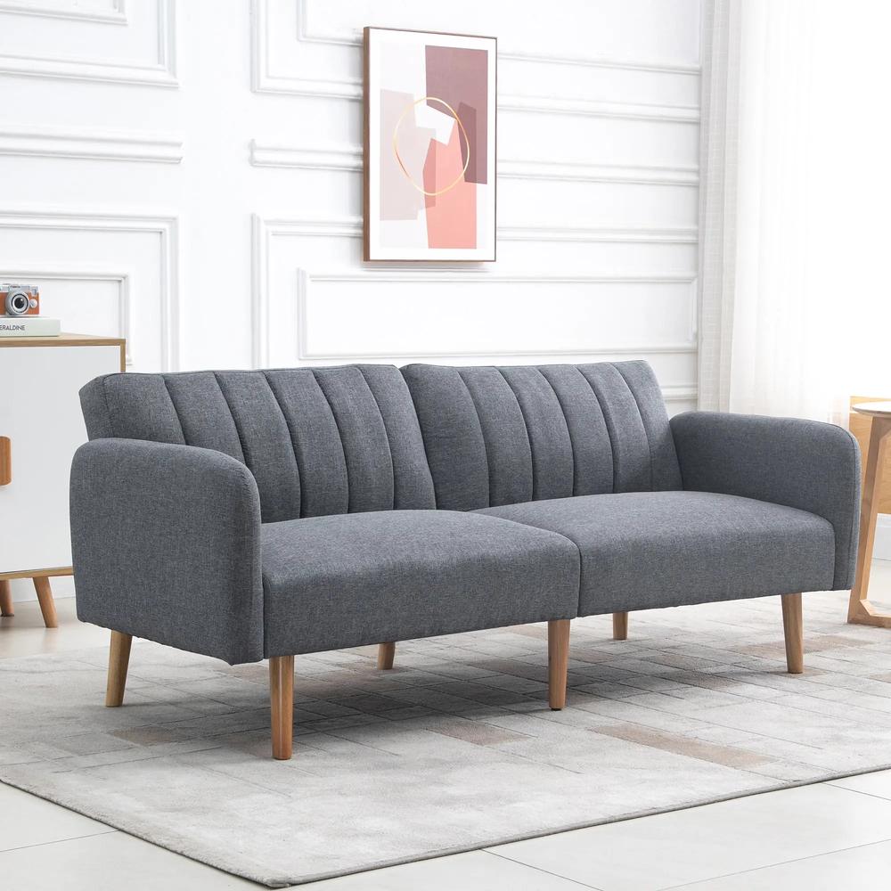 HOMCOM 3 Seater Sofa Bed, Convertible Linen Fabric Sofa Couch, Click Clack Sofabed with Adjustable Split Backrest for Living Room, Bedroom, Guest Room, Grey Additional View 2