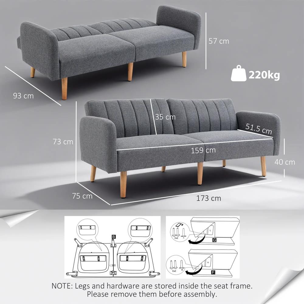 HOMCOM 3 Seater Sofa Bed, Convertible Linen Fabric Sofa Couch, Click Clack Sofabed with Adjustable Split Backrest for Living Room, Bedroom, Guest Room, Grey Additional View 3