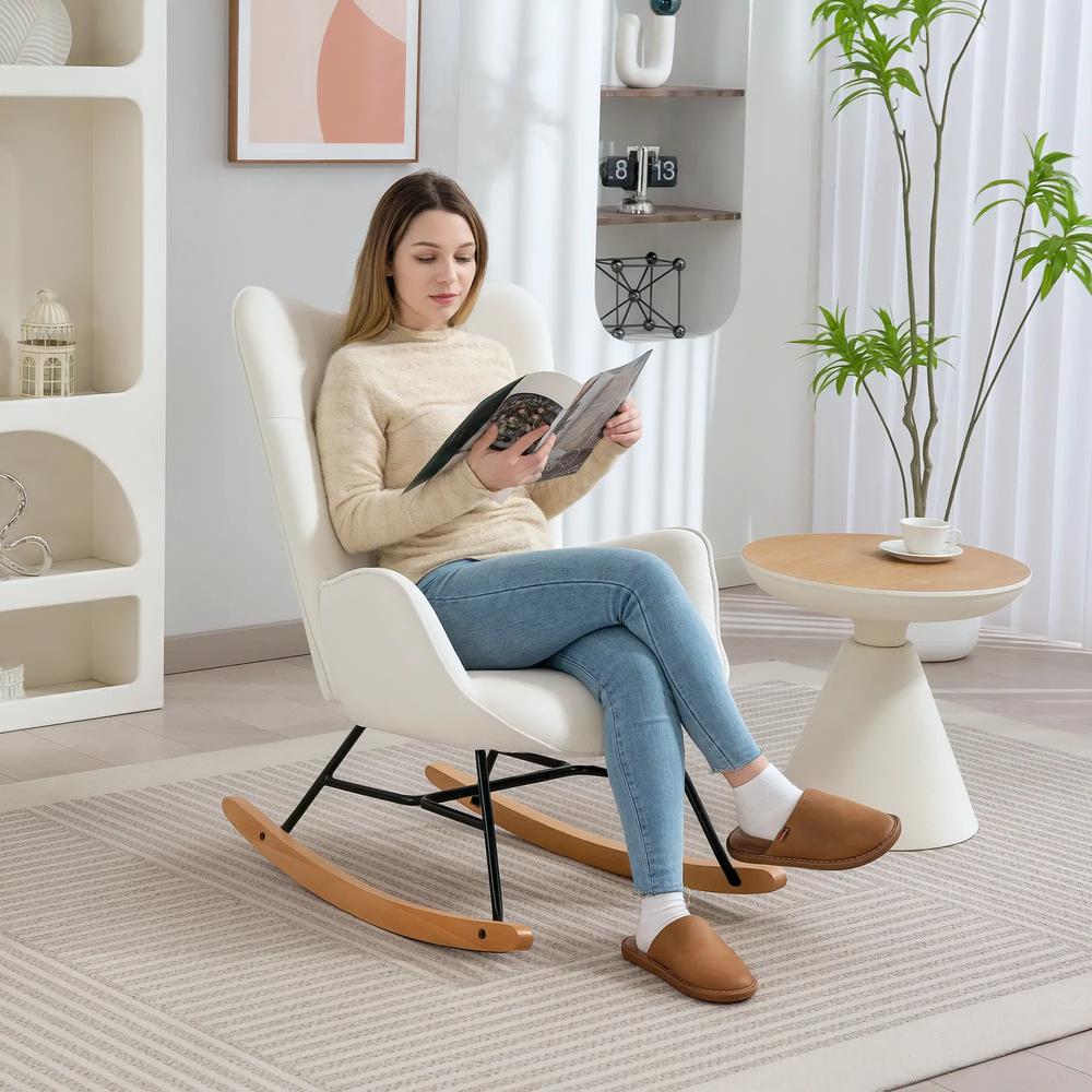 HOMCOM Rocking Chair, Modern Upholstered Velvet Armchair with Solid Wood Legs and Metal Frame for Living Room, Bedroom, Cream Additional View 2