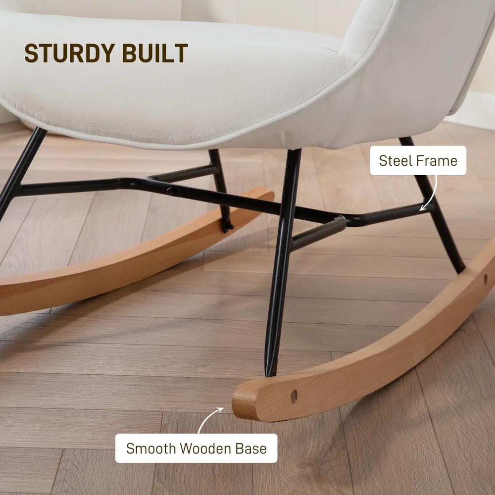 HOMCOM Rocking Chair, Modern Upholstered Velvet Armchair with Solid Wood Legs and Metal Frame for Living Room, Bedroom, Cream Additional View 4