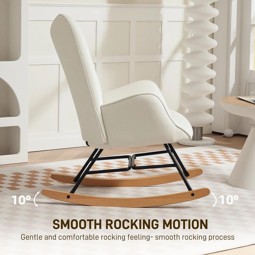 HOMCOM Rocking Chair, Modern Upholstered Velvet Armchair with Solid Wood Legs and Metal Frame for Living Room, Bedroom, Cream Additional View 5