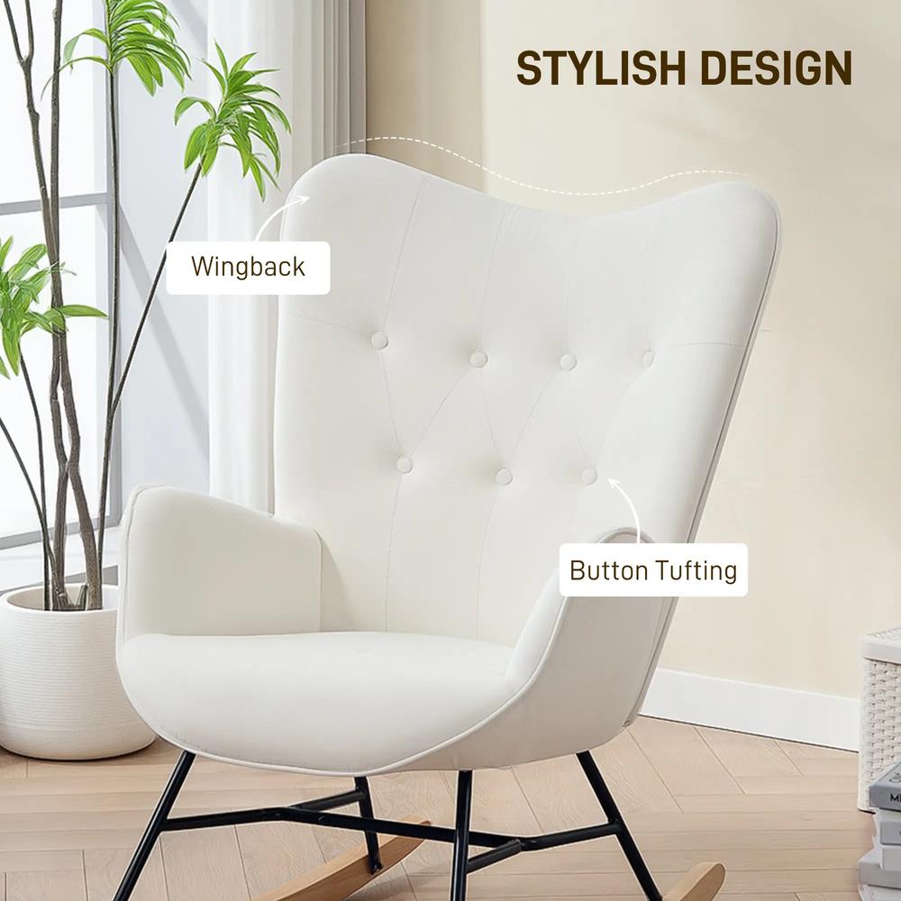 HOMCOM Rocking Chair, Modern Upholstered Velvet Armchair with Solid Wood Legs and Metal Frame for Living Room, Bedroom, Cream Additional View 6