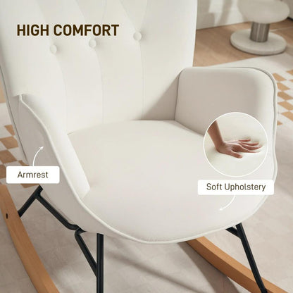 HOMCOM Rocking Chair, Modern Upholstered Velvet Armchair with Solid Wood Legs and Metal Frame for Living Room, Bedroom, Cream Additional View 7