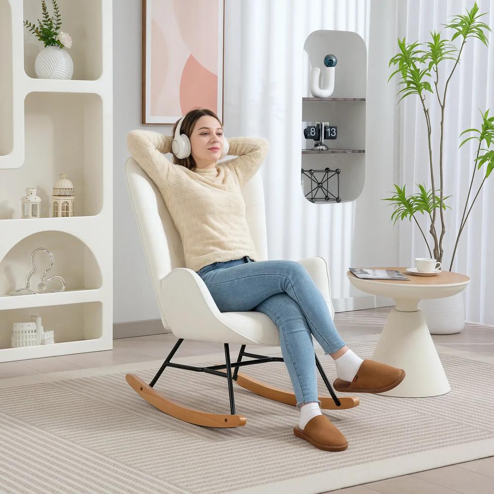 HOMCOM Rocking Chair, Modern Upholstered Velvet Armchair with Solid Wood Legs and Metal Frame for Living Room, Bedroom, Cream Additional View 8