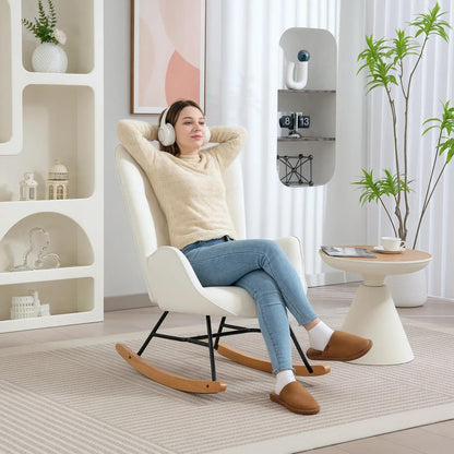 HOMCOM Rocking Chair, Modern Upholstered Velvet Armchair with Solid Wood Legs and Metal Frame for Living Room, Bedroom, Cream Additional View 8