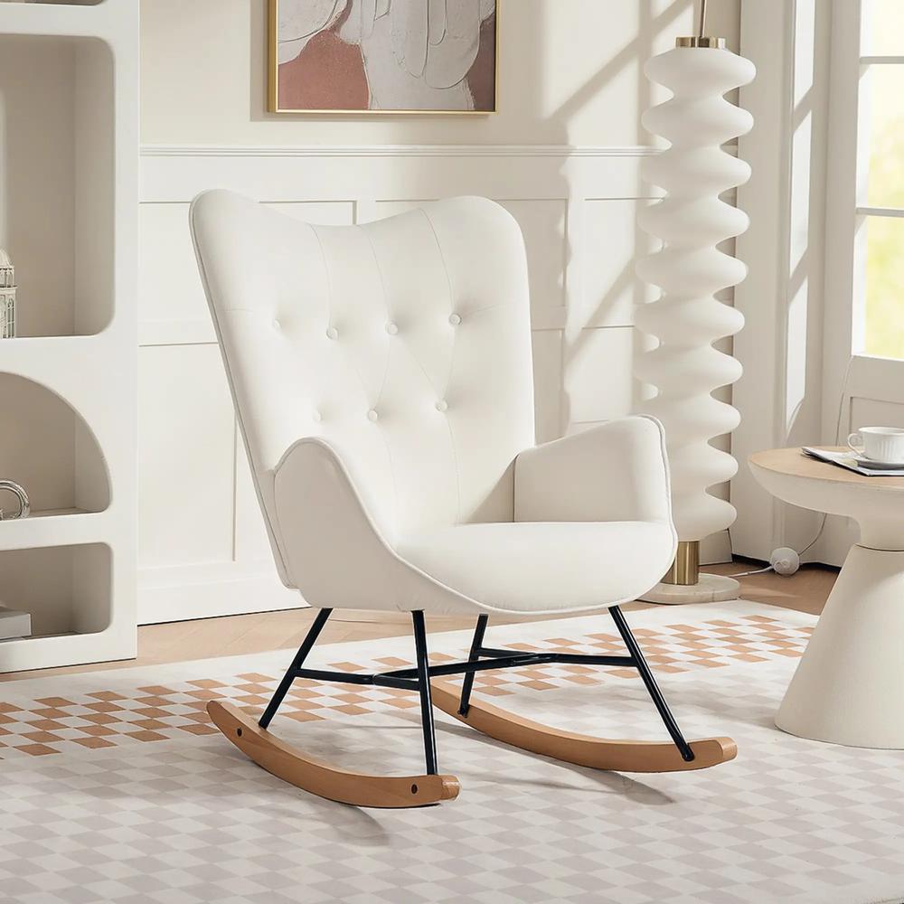 HOMCOM Rocking Chair, Modern Upholstered Velvet Armchair with Solid Wood Legs and Metal Frame for Living Room, Bedroom, Cream Additional View 10