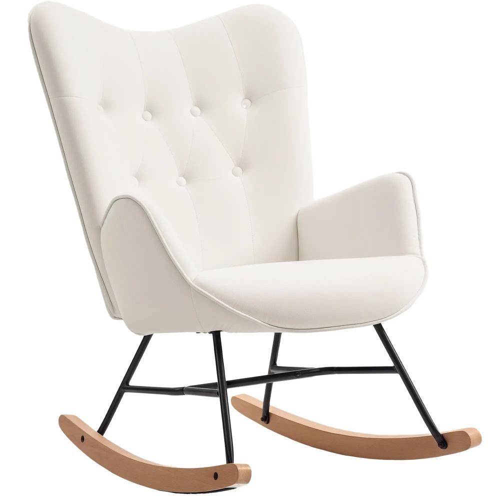 HOMCOM Rocking Chair, Modern Upholstered Velvet Armchair with Solid Wood Legs and Metal Frame for Living Room, Bedroom, Cream
