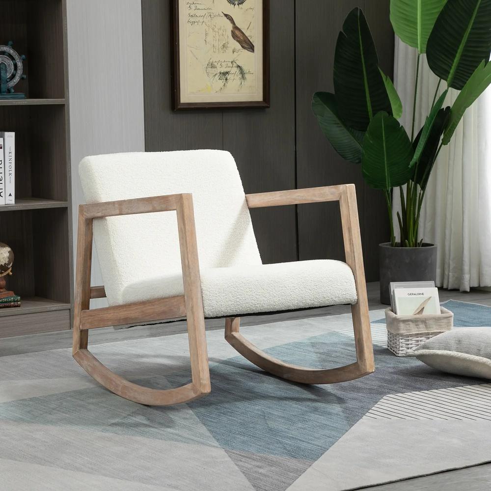 HOMCOM Rocking Chair, Upholstered Sofa Armchair with Cushion and Wood Base for Living Room and Bedroom, Cream White Additional View 2