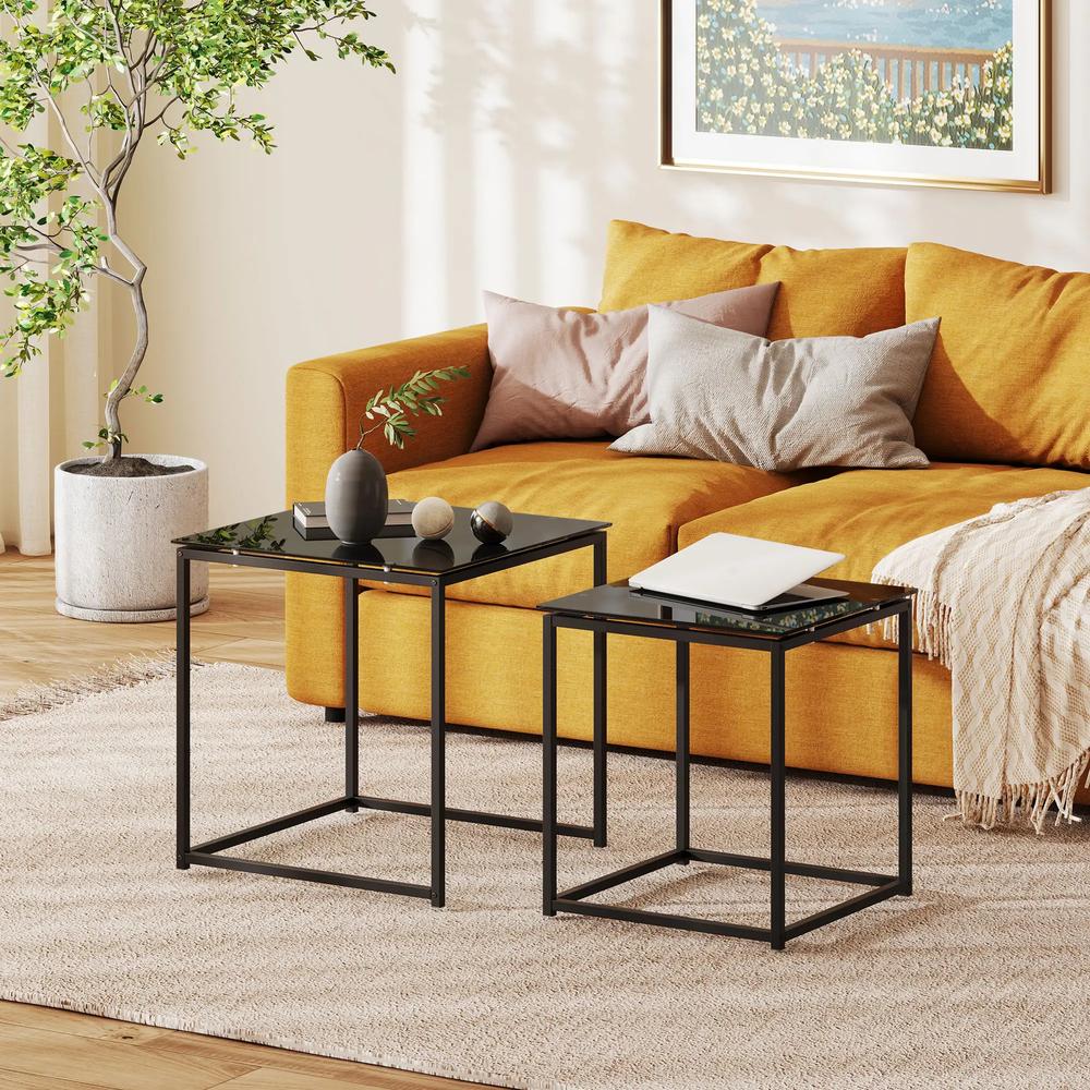HOMCOM Set of 2 Coffee Table, Nest of Tables with Tempered Glass Desktop and Metal Frame, Black Additional View 2