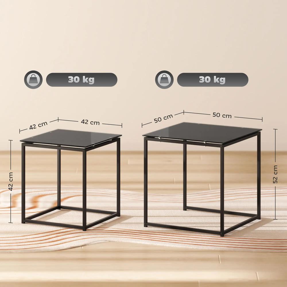HOMCOM Set of 2 Coffee Table, Nest of Tables with Tempered Glass Desktop and Metal Frame, Black Additional View 3