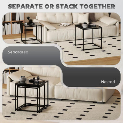 HOMCOM Set of 2 Coffee Table, Nest of Tables with Tempered Glass Desktop and Metal Frame, Black Additional View 4