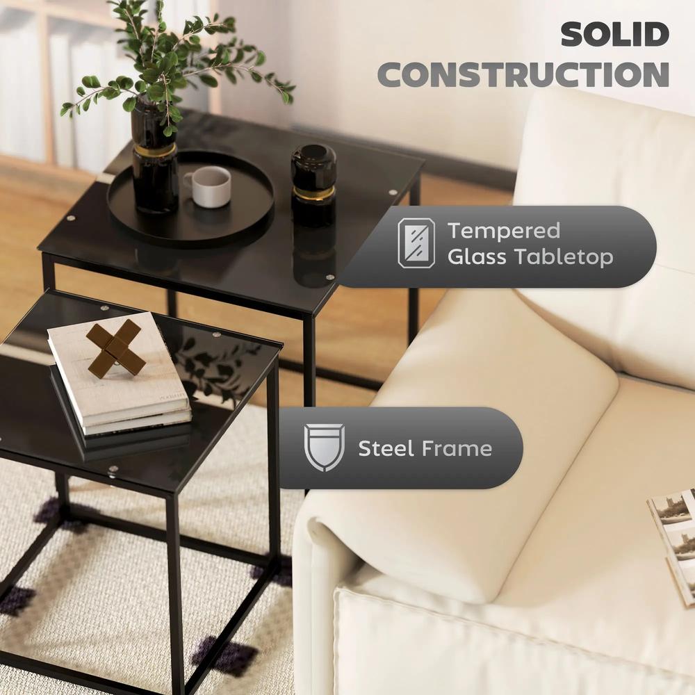 HOMCOM Set of 2 Coffee Table, Nest of Tables with Tempered Glass Desktop and Metal Frame, Black Additional View 5