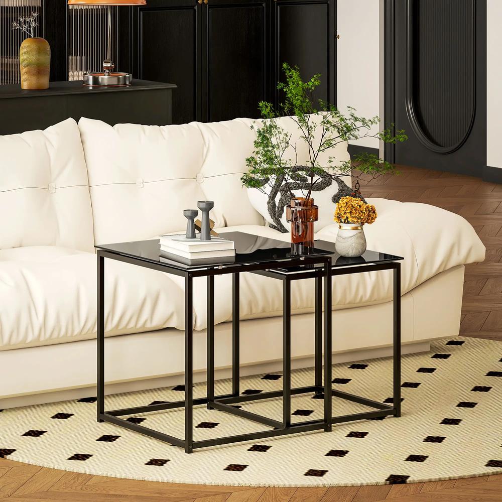 HOMCOM Set of 2 Coffee Table, Nest of Tables with Tempered Glass Desktop and Metal Frame, Black Additional View 8