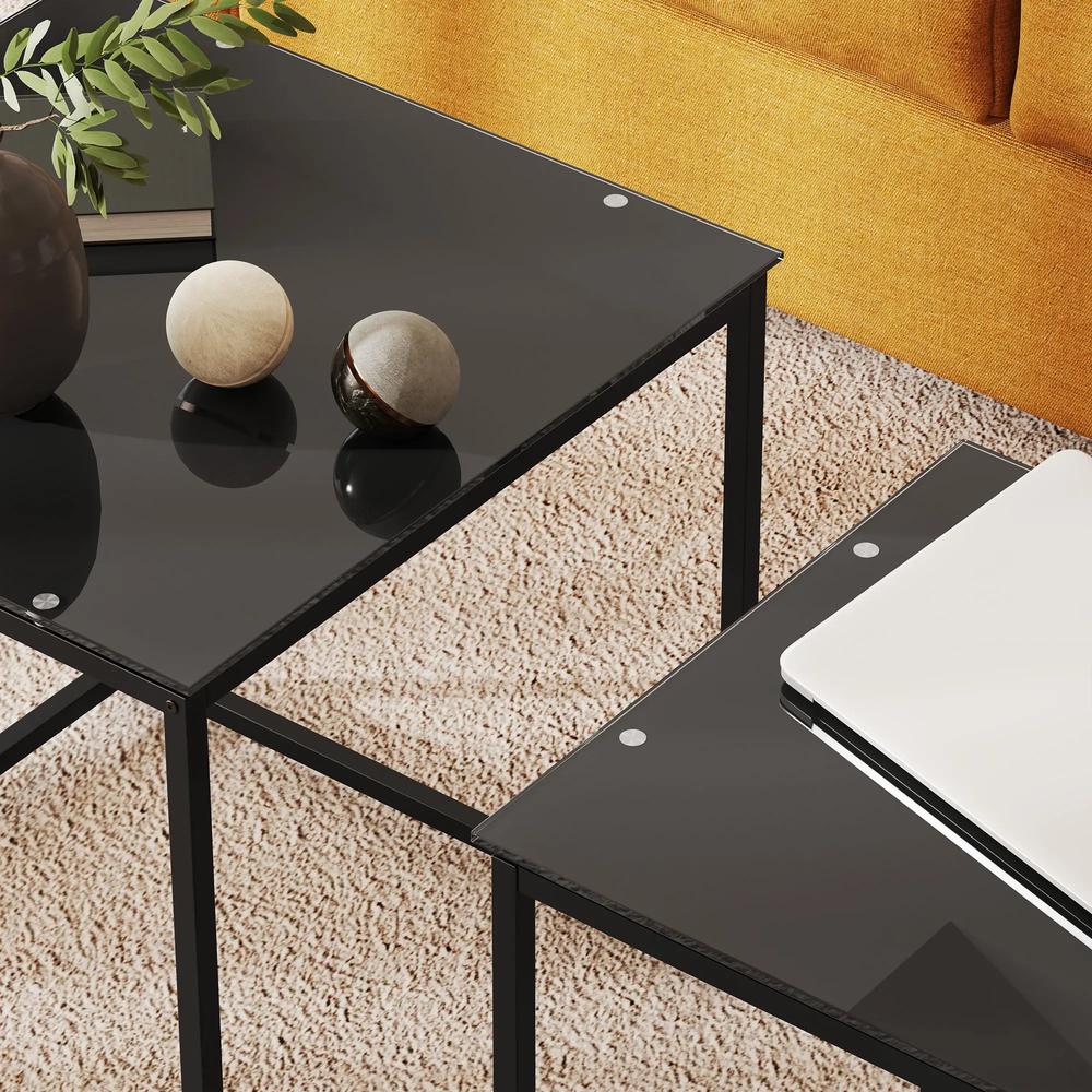 HOMCOM Set of 2 Coffee Table, Nest of Tables with Tempered Glass Desktop and Metal Frame, Black Additional View 9