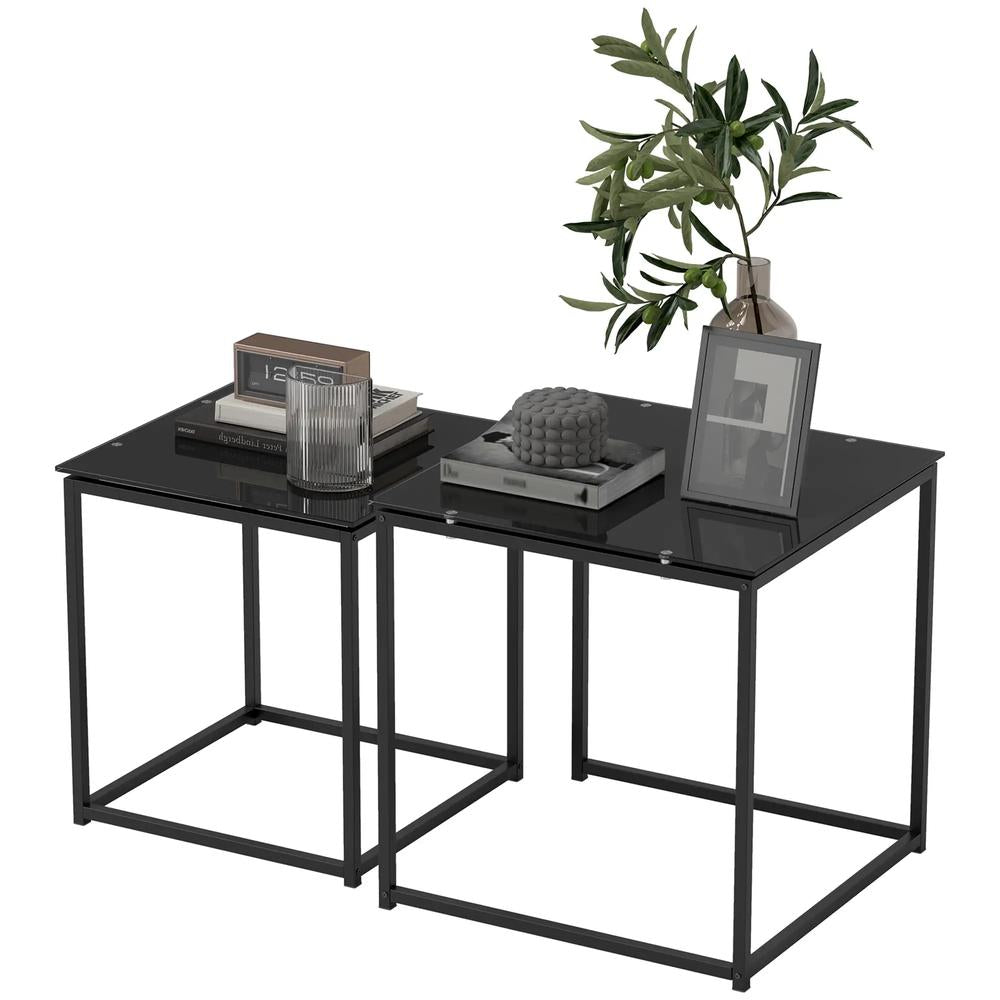 HOMCOM Set of 2 Coffee Table, Nest of Tables with Tempered Glass Desktop and Metal Frame, Black Additional View 10