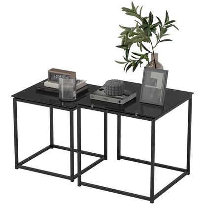 HOMCOM Set of 2 Coffee Table, Nest of Tables with Tempered Glass Desktop and Metal Frame, Black Additional View 10