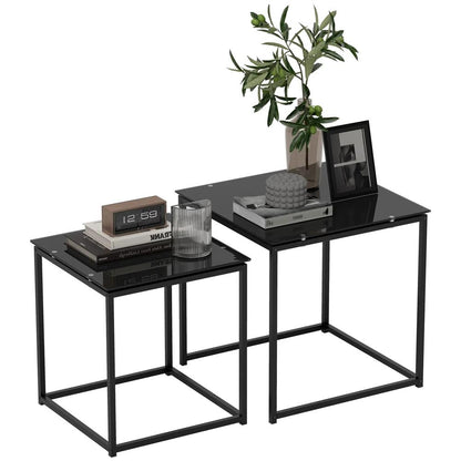 HOMCOM Set of 2 Coffee Table, Nest of Tables with Tempered Glass Desktop and Metal Frame, Black