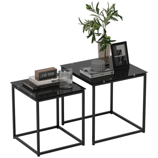 HOMCOM Set of 2 Coffee Table, Nest of Tables with Tempered Glass Desktop and Metal Frame, Black