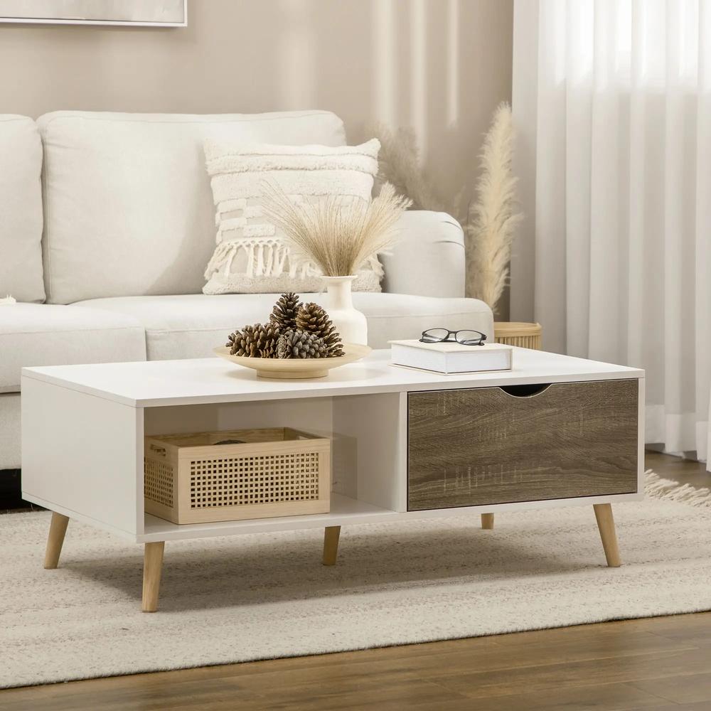 HOMCOM Coffee Table, Modern Tea Table with Open Storage Shelves, Two Drawers and Solid Wood Legs, Coffee Tables for Living Room, Bed Room, White Additional View 2