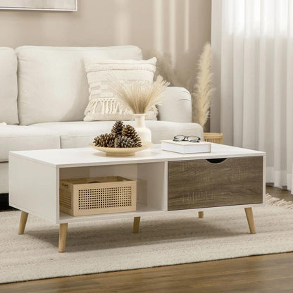 HOMCOM Coffee Table, Modern Tea Table with Open Storage Shelves, Two Drawers and Solid Wood Legs, Coffee Tables for Living Room, Bed Room, White Additional View 2
