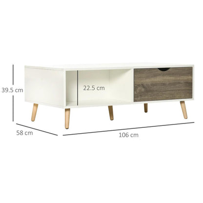 HOMCOM Coffee Table, Modern Tea Table with Open Storage Shelves, Two Drawers and Solid Wood Legs, Coffee Tables for Living Room, Bed Room, White Additional View 3