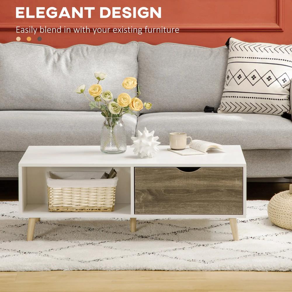 HOMCOM Coffee Table, Modern Tea Table with Open Storage Shelves, Two Drawers and Solid Wood Legs, Coffee Tables for Living Room, Bed Room, White Additional View 4