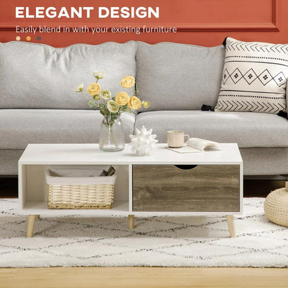 HOMCOM Coffee Table, Modern Tea Table with Open Storage Shelves, Two Drawers and Solid Wood Legs, Coffee Tables for Living Room, Bed Room, White Additional View 4